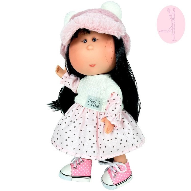 Nines d'Onil Puppe 30 cm - GELENKTE Mia - Asiatische mit gepunktetem Kleid und Hut