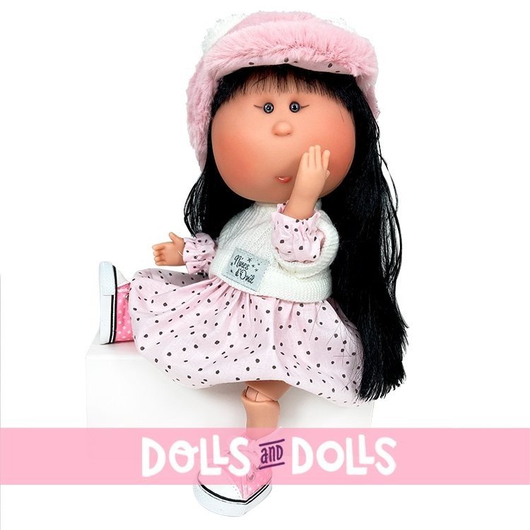 Nines d'Onil Puppe 30 cm - GELENKTE Mia - Asiatische mit gepunktetem Kleid und Hut
