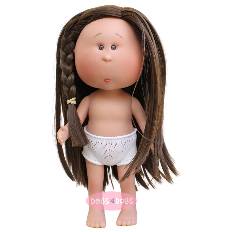 Nines d'Onil Puppe 30 cm - Mia mit glattem braunes Haar und Zopf - Ohne Kleidung
