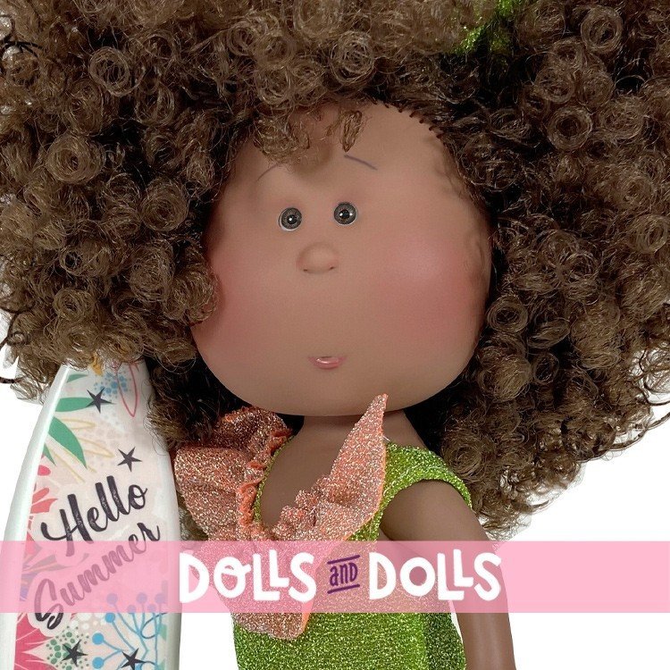 Nines d'Onil Puppe 30 cm - Mia summer schwarz mit lockigem Haar und grünem Badeanzug