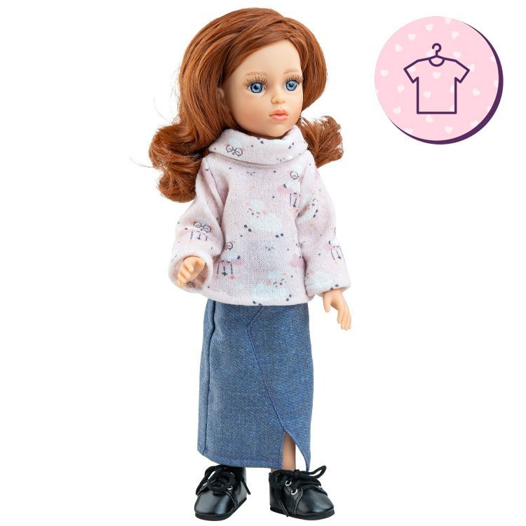 Outfit für Paola Reina Puppe 32 cm - Las Amigas Articulated - Conchi - Pullover mit Schafsmuster und Jeansrock