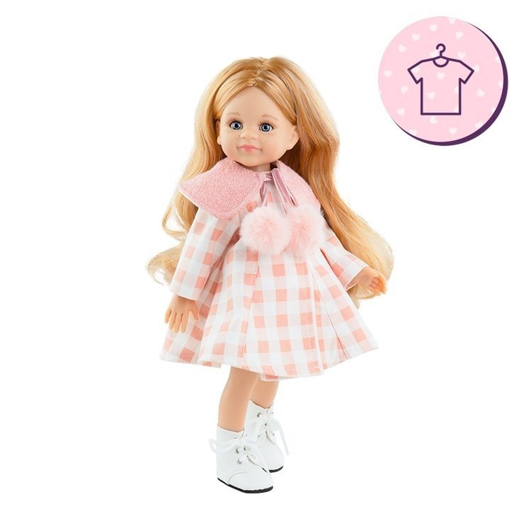 Outfit für Paola Reina Puppe 32 cm - Las Amigas - Conchi - Kleid mit rosa kariertem Mantel