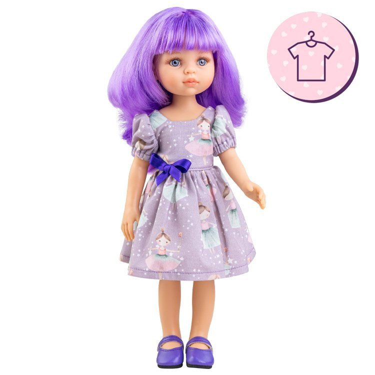 Outfit für Paola Reina Puppe 32 cm - Las Amigas Funky - Kechu - Lila Kleid mit Puppenmuster