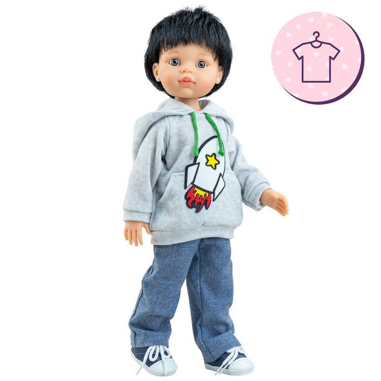 Outfit für Paola Reina Puppe 32 cm - Las Amigas - Vicente - Grauem Sweatshirt mit Raketenaufdruck