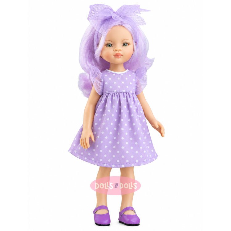 Paola Reina Puppe 32 cm - Las Amigas - Violeta mit lilafarbenem Kleid mit weißen Punkten