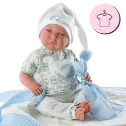 Kleidung für Llorens Puppen 42 cm - Weißer Tierpyjama mit Hut und blauem Doudou