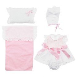 Outfit für Así-Puppe 43 cm - Weißes und rosafarbenes Kleid, Hut, Höschen und Kinderbett-Set für Maria-Puppe