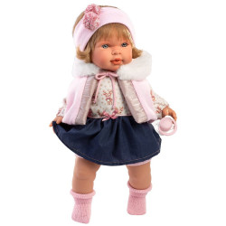 Llorens Puppe 42 cm - Weinende Carla in einem Kleid mit Rentiermuster und einem Jeansrock