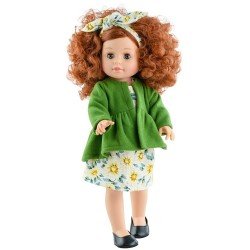 Paola Reina Puppe 45 cm - Soy tú - Angela in einer grünen Jacke und einem Gänseblümchenkleid
