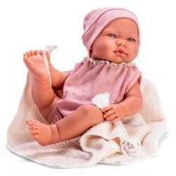 Así Puppe 43 cm - María in rosa Strampelanzug und rosa Strickmütze mit beiger Decke