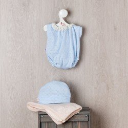 Outfit für Así-Puppe 43 cm - Blauer Strickbody und Mütze mit beiger Decke für Pablo-Puppe