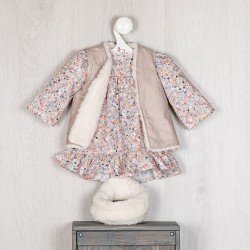 Outfit für Así Puppe 57 cm - Blumiges Korallenkleid im Liberty-Stil mit Vliesweste für Pepa Puppe