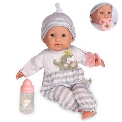 Berenguer Boutique Puppe 38 cm - La newborn 30036 mit grauem Schlafanzug, Fläschchen und Schnuller