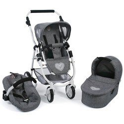 Emotion 3 in 1 Puppenwagen 77 cm - Kombination aus Stuhl, Babywanne und Autositz - Bayer Chic 2000 - Grey denim