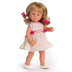 D'Nenes Puppe 34 cm - Marieta mit Zöpfen und Punkten bedrucktes Kleid