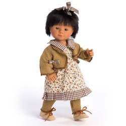 D'Nenes Puppe 34 cm - Marieta mit Blumen und Karos bedrucktem Kleid