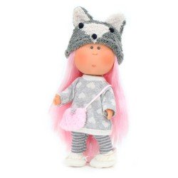Nines d'Onil Puppe 30 cm - Mia mit rosa Haaren mit grauem Set und Fuchshut