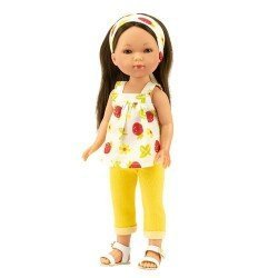 Vestida de Azul Puppe 28 cm - Carlota mit gelben Jeans und einer Bluse mit Fruchtprint print