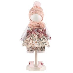 Kleidung für Llorens Puppen 40 cm - Naturfarbenes Printkleid mit rosa Schal und Hut