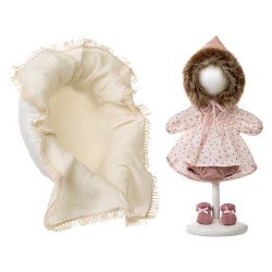 Kleidung für Llorens Puppen 42 cm - Stillkissen, das sich in ein Bett verwandeln lässt, eine dünne Decke, ein Kleid mit Fellkapuze, Höschen und Füßlinge.