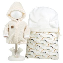 Kleidung für Llorens Puppen 42 cm - Beigefarbener Mantel mit Regenbogen Schlafsack
