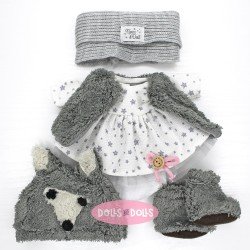 Kleidung für Mia Puppen 30 cm - Graues Sternenkleid mit Weste, Schal, Hut und Stiefeln