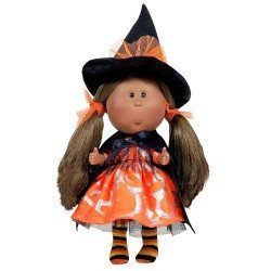 Nines d'Onil Puppe 23 cm - Little Mia Halloween Afroamerikanerin mit glattem braunem Haar (Hexe)