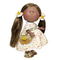 Nines d'Onil Puppe 23 cm - Little Mia brünett in einem natürlichen Druck Kleid