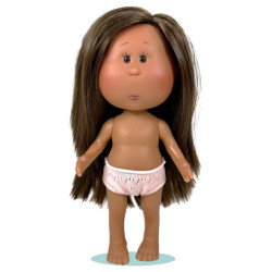 Nines d'Onil Puppe 23 cm - Little Mia mit glattem, braunem Haar und braunen Augen - Ohne Kleidung