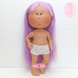Nines d'Onil Puppe 30 cm - GELENKTE Mia - Mia mit violettem glattem Haar mit Fransen - Ohne Kleidung