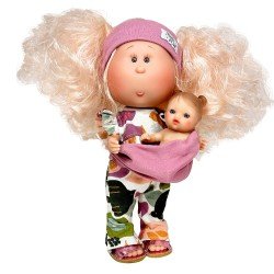 Nines d'Onil Puppe 30 cm - Mia Mutti mit rosa Haar mit Naturdruckkleid