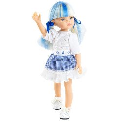 Paola Reina Puppe 32 cm - Las Amigas Funky - Cassandra in weißem bestickten Kleid mit blau kariertem Rock