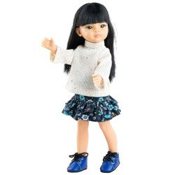Paola Reina Puppe 32 cm - Las Amigas - Liu in weißem Pullover und blau geblümtem Rock