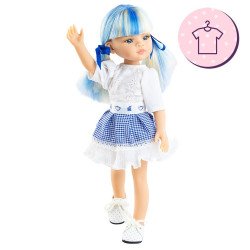 Outfit für Paola Reina Puppe 32 cm - Las Amigas Funky - Cassandra - Weißem bestickten Kleid mit blau kariertem Rock