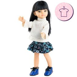 Outfit für Paola Reina Puppe 32 cm - Las Amigas - Liu - Weißem Pullover und blau geblümtem Rock