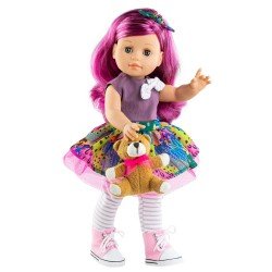 Paola Reina Puppe 45 cm - Soy tú - Inés mit buntem Kleid und Teddybär