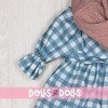 Completo per bambola Así 57 cm - Abito a quadri blu, cappello, sciarpa e stivali di lana rosa cipria per bambola Pepa