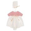 Completo per bambola Así 28 cm - Abito lungo con plumeti beige e maglia rosa con cappello