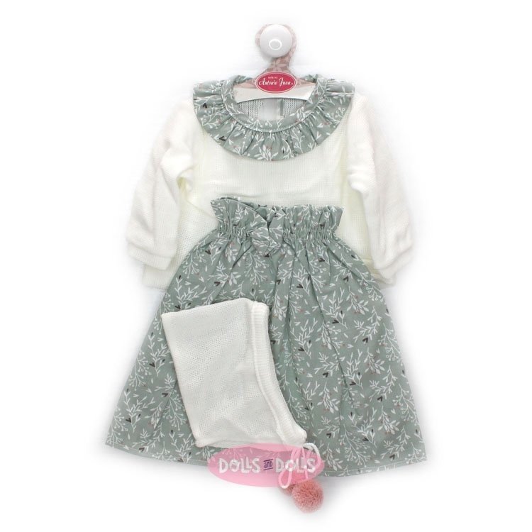 Completo per bambola Antonio Juan 52 cm - Collezione Mi Primer Reborn - Camicia bianca con colletto verde a fiori e gonna verde a fiori