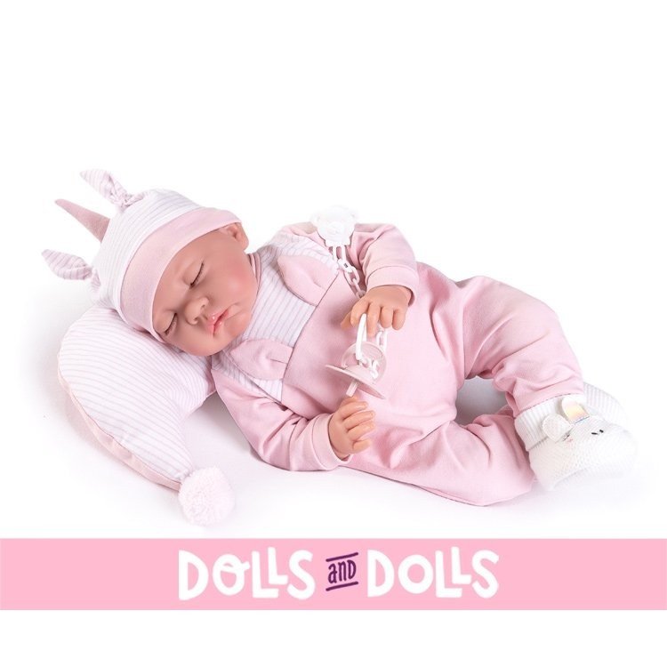 Bambola Antonio Juan 42 cm - Neonata Luna addormentata con cuscino e scarpette unicorno