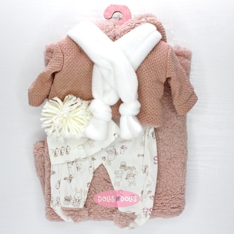 Completo per bambola Antonio Juan 33-34 cm - Set coniglietto rosa con sciarpa, cappello e coperta