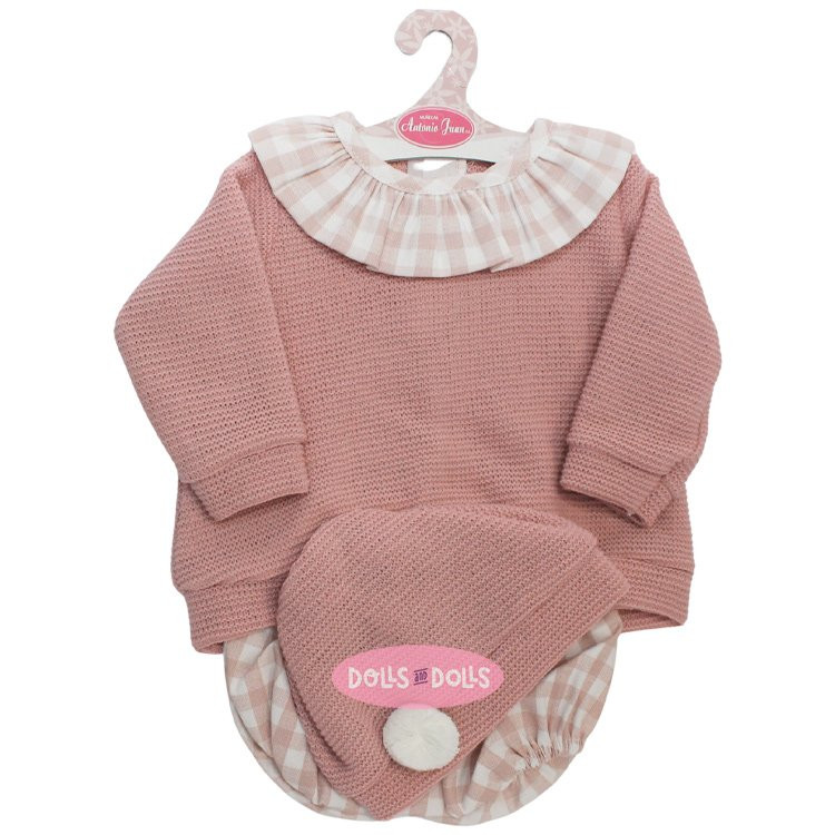 Completo per bambola Antonio Juan 52 cm - Collezione Mi Primer Reborn - Completo rosa a quadretti con cappellino