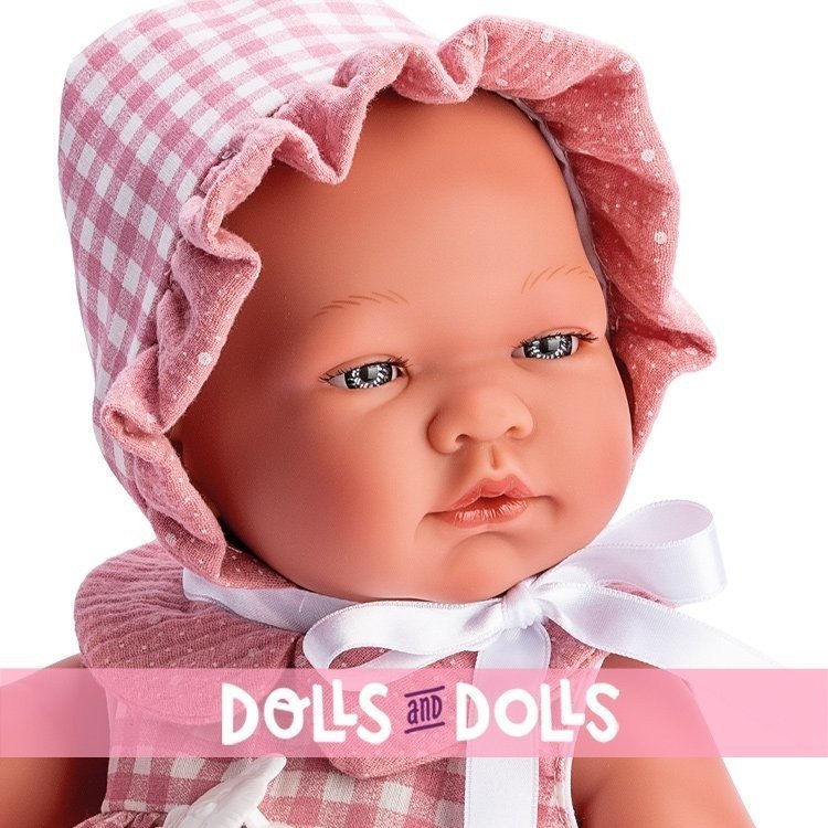 Bambola Así 43 cm - María in un abito rosa a scacchi con polo e colletto di chiffon rosa