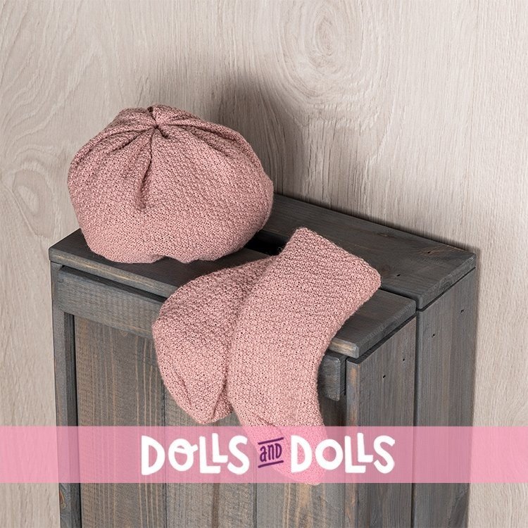 Completo per bambola Así 57 cm - Abito a quadri blu, cappello, sciarpa e stivali di lana rosa cipria per bambola Pepa