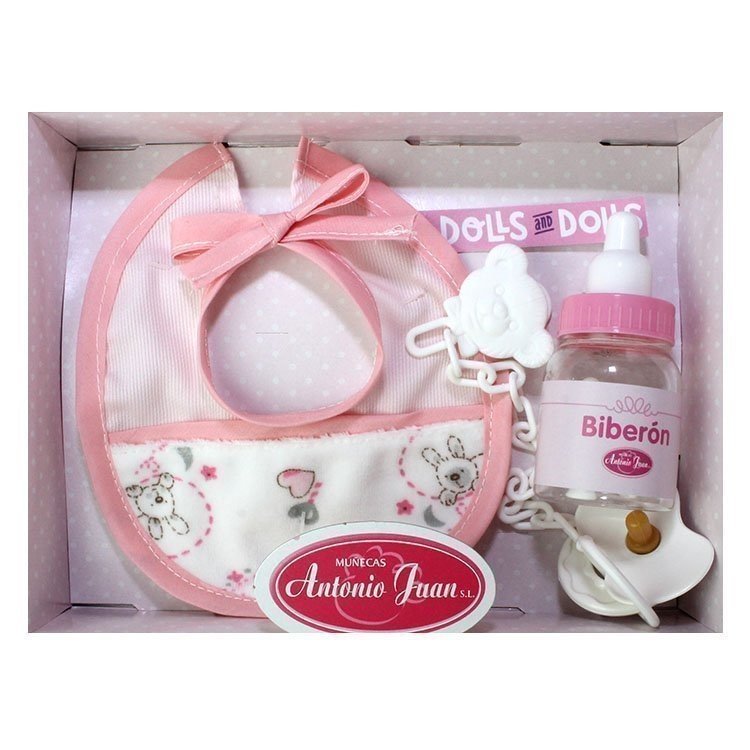 Set bavaglino rosa con coniglietti, biberon e ciuccio, 40-42 cm