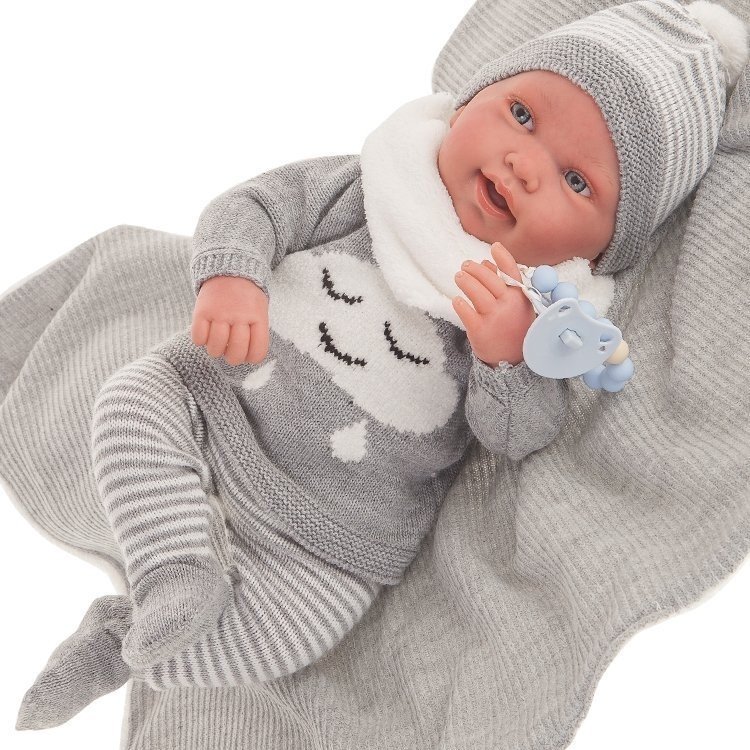 Bambola Antonio Juan 40 cm - Pipo con coperta grigia Reborn serie limitata