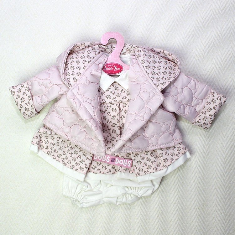 Completo bambola Antonio Juan - Abito floreale con cuori rosa piumino trapuntato con cappuccio 40-42 cm
