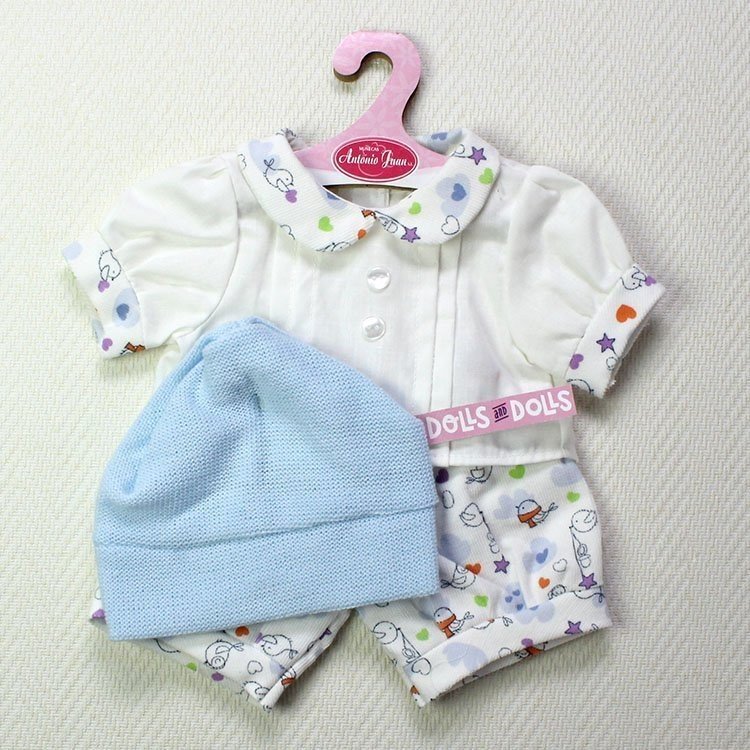 Completo bambola Antonio Juan - Completo uccelli e cuori con cappello azzurro 40-42 cm
