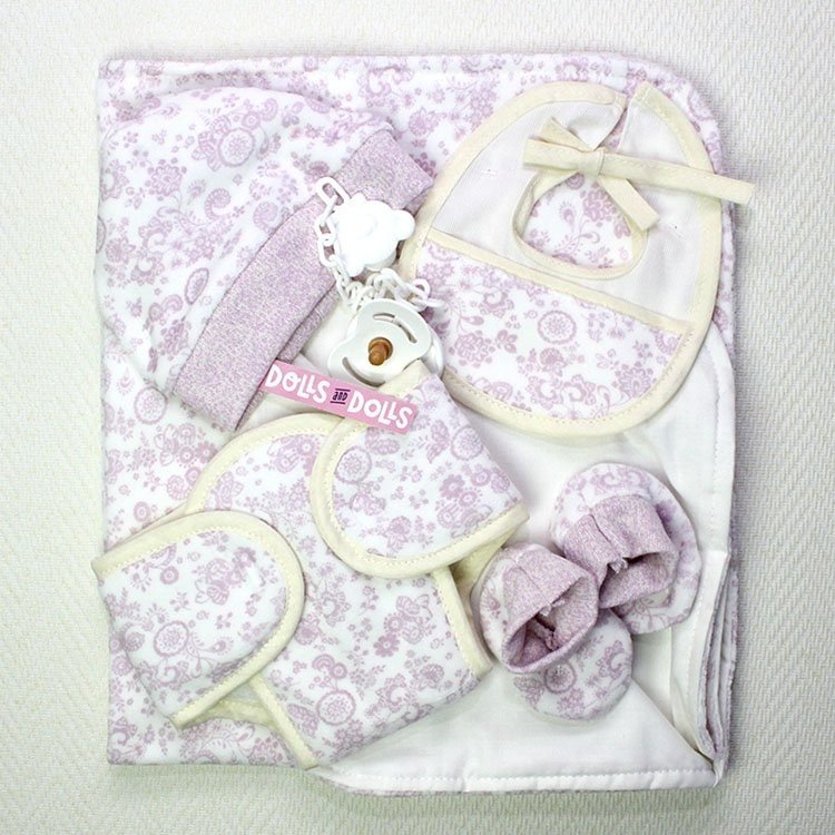 Complementi bambola Antonio Juan - Set fiori lilla con coperta, mutandine, stivaletti, bavaglino, cappello e ciuccio, 40-42 cm