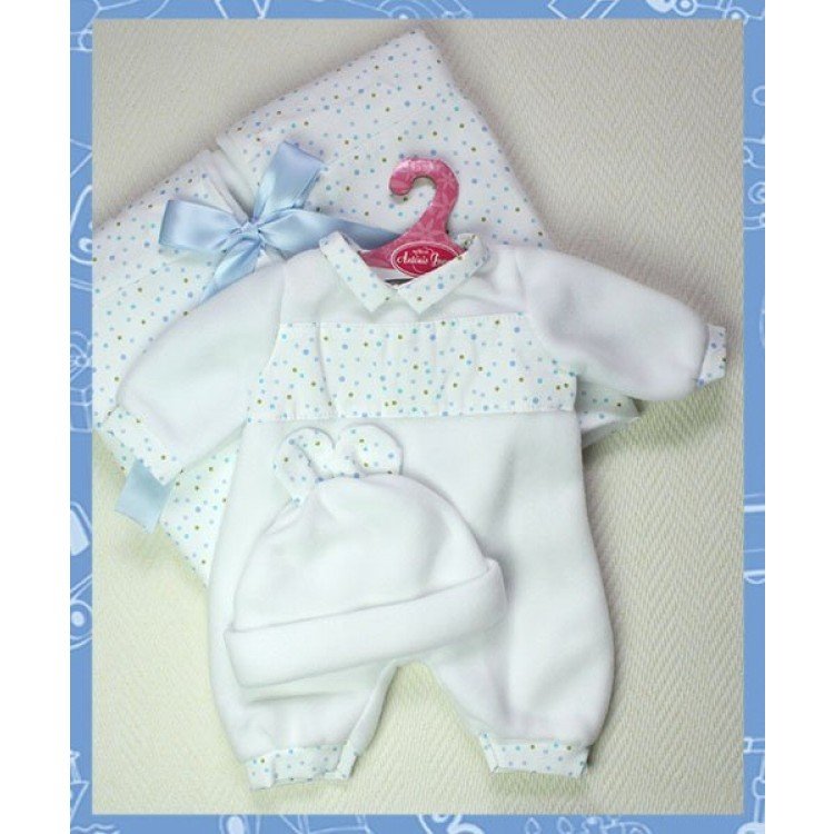 Pijama blanco con motas azules con gorro y arrullo 40-42 cm